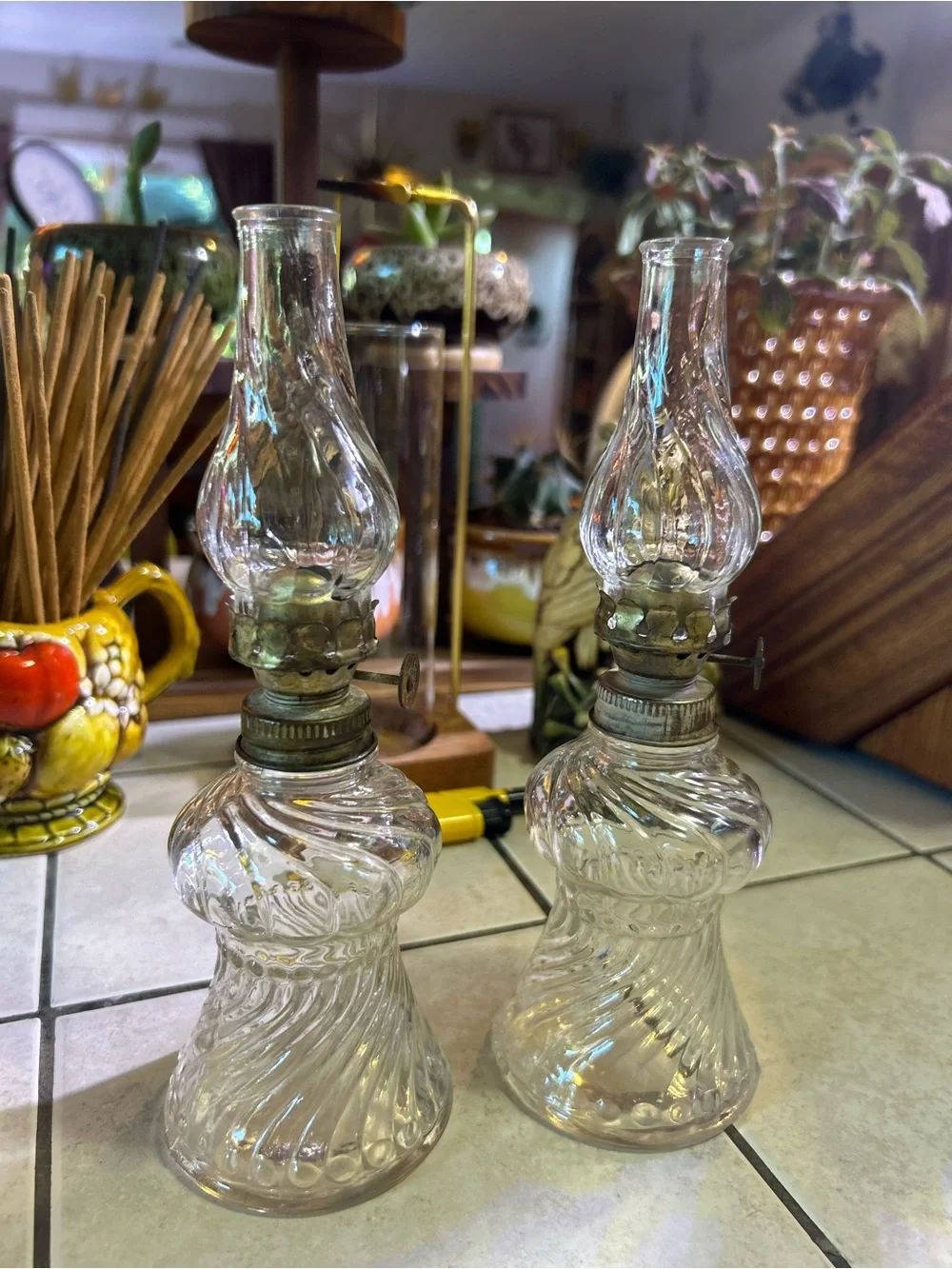 Pair of vintage clear glass miniature hurricane lamps